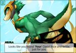  anthro anus bluhs breasts clothing dialogue english_text ever_oasis female goat-head_(artist) green_eyes lizard looking_back miura nintendo nipples pussy reptile scalie smile solo text torn_clothing undressing video_games 