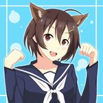  :d ahoge animal_ears ardinassau blue_background brave_witches brown_eyes brown_hair clenched_hands collarbone extra_ears hair_between_eyes hair_ornament hairclip hands_up highres karibuchi_hikari looking_at_viewer open_mouth paw_pose ribbon school_uniform serafuku short_hair smile solo squirrel_ears teeth uniform upper_body white_ribbon world_witches_series 