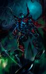  absurdres building cape chain glowing glowing_eyes green_eyes highres image_comics male_focus rooftop skull solo spawn spawn_(spawn) spikes superhero 