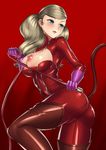  &gt;:) blonde_hair blue_eyes bodysuit breasts breasts_outside brown_legwear catsuit closed_mouth commentary_request gloves large_breasts long_hair nipples persona persona_5 purple_gloves red_bodysuit smile solo takamaki_anne thighhighs twintails v-shaped_eyebrows vanquice whip 