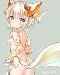  ass backless_dress backless_outfit blonde_hair blue_eyes dragon_girl dragon_horns dress hair_ribbon horns marshmallow_mille myr_(p&amp;d) no_panties puzzle_&amp;_dragons ribbon solo standing 