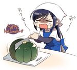  =_= apron arm_warmers asashio_(kantai_collection) black_hair blue_apron cleaver closed_eyes commentary_request crying cutting_board halloween happy_halloween heart kantai_collection kitchen_knife knife long_hair open_mouth pumpkin shaded_face short_sleeves solo tears tsunoda_magu wavy_mouth white_background 