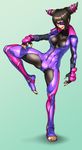  aozoraichi barefoot bodysuit drill_hair eyepatch fighting_stance han_juri highres licking_lips purple_bodysuit solo street_fighter street_fighter_v toeless_legwear toes tongue tongue_out twin_drills 