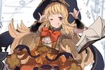  ;q blonde_hair blush book bow bowtie cagliostro_(granblue_fantasy) closed_mouth commentary_request granblue_fantasy halloween halloween_costume hand_gesture head_tilt high-waist_skirt hood long_hair one_eye_closed open_book orange_bow orange_neckwear orange_skirt puffy_short_sleeves puffy_sleeves purple_eyes shirt short_sleeves skirt smile solo sparkle suspenders tongue tongue_out very_long_hair white_background white_shirt yoo_(tabi_no_shiori) 