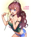  :3 :d ahoge blue_eyes blush breasts brown_hair cattail character_name cleavage clinexgrim fang ichinose_shiki idolmaster idolmaster_cinderella_girls large_breasts long_hair midriff navel open_mouth plant short_shorts shorts smile solo sparkle strap_slip tank_top wavy_hair 