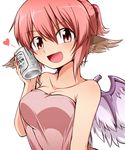 :d alcohol alternate_costume animal_ears bare_shoulders beer bird_wings blush breasts can_to_cheek cleavage collarbone contemporary fingernails heart highres katsumi5o looking_at_viewer medium_breasts mystia_lorelei nail_polish naked_towel open_mouth pink_eyes pink_hair pink_towel ponytail red_nails scrunchie sharp_fingernails short_hair short_ponytail simple_background smile solo touhou towel white_background wings 