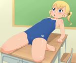 1girl :o bare_shoulders barefoot blonde_hair child classroom copyright_request desk eyebrows eyebrows_visible_through_hair feet flat_chest full_body hair_ornament hair_ribbon open_mouth ribbon school_desk shiny shiny_hair shiny_skin solo tomboo twintails 