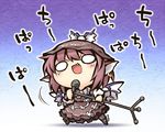  bow bowtie brown_dress check_commentary check_translation chibi commentary_request dress earrings fang hat jewelry microphone microphone_stand music mystia_lorelei nekoguruma open_mouth petticoat pink_hair puffy_sleeves singing solid_circle_eyes solo touhou translated translation_request wings 