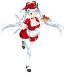  antlers breasts butterfly_hair_ornament carrying choker cleavage floating_hair fruit_tart full_body green_eyes hair_ornament hat highres holding kure_masahiro large_breasts leg_lift long_hair official_art open_mouth puffy_sleeves santa_costume santa_hat sashou_urara short_sleeves skirt solo thighhighs transparent_background tray twintails valkyrie_drive valkyrie_drive_-siren- white_hair white_legwear wings 