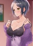  bangs black_hair blush breasts cleavage hayami_kanade heart heart-shaped_pupils highres idolmaster idolmaster_cinderella_girls large_breasts parted_bangs short_hair shunichi smile solo symbol-shaped_pupils undressing yellow_eyes 