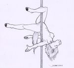  2016 anthro armpits breasts dancing equine female half-closed_eyes hanging_breasts horse mammal monochrome navel nipples pole pole_dancing pussy rabbi-tom red_shetland simple_background solo upside_down white_background 