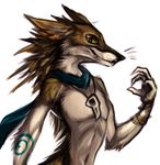  2016 amber_eyes anthro bracelet brown_fur canine claws cute_fangs ears_back fur jewelry male mammal multicolored_fur necklace scarf simple_background solo tan_fur tattoo two_tone_fur whiskers wolf zenirix 
