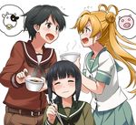  abukuma_(kantai_collection) androgynous arguing belt black_eyes black_hair blonde_hair blue_eyes bowl braid catfight chopsticks closed_eyes commentary cow double_bun eating hair_bun hair_over_shoulder imoni_(food) kantai_collection kitakami_(kantai_collection) mogami_(kantai_collection) multiple_girls pig school_uniform serafuku short_hair shorts single_braid spoken_animal youkan 