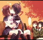  4girls ahoge bench black_hair blue_skirt bodysuit brown_hair couple dated eyebrows eyebrows_visible_through_hair eyes_visible_through_hair furutaka_(kantai_collection) green_shirt green_skirt hair_ornament hairclip holding_hands kabocha_torute kako_(kantai_collection) kantai_collection kiss kitakami_(kantai_collection) long_hair multiple_girls mutual_hug ooi_(kantai_collection) orange_sky park_bench remodel_(kantai_collection) revision shirt short_hair signature sitting skirt sky spoken_ellipsis twitter_username yuri 