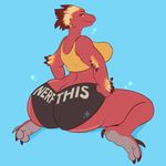  2016 anthro big_breasts big_butt blue_background booty_shorts breasts butt claws clothing crop_top dinosaur female hands_on_hips junga kneeling looking_back overweight raptor rear_view red_eyes shirt shorts simple_background smile solo text theropod toe_claws voluptuous yellow_sclera 
