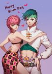  1boy 1girl couple from_behind green_eyes green_hair highres jojo_no_kimyou_na_bouken kishibe_rohan lipstick midriff pink_hair short_hair skirt trish_una vento_aureo 