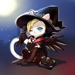  animal animalization blonde_hair blue_eyes cape cat cat_focus hat highres mechanical_wings meowlian mercy_(overwatch) no_humans one_eye_closed overwatch sitting solo wings witch_hat witch_mercy 