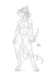  2014 3_toes 5_fingers abs anthro aurancreations clothing dagger digitigrade feline female hair holding_object holding_weapon mammal melee_weapon midriff muscular muscular_female navel panther simple_background sketch smile solo standing toes weapon white_background wide_hips 