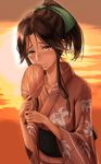  absurdres brown_eyes brown_hair eyes_visible_through_hair fan floral_print highres japanese_clothes jintsuu_(kantai_collection) kantai_collection kimono kokuzoo long_hair looking_at_viewer obi orange_kimono paper_fan ponytail sash solo sunset wide_sleeves yukata 