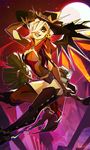  alternate_costume andern3ll black_lipstick blonde_hair breasts broom broom_riding earrings eyeshadow gloves hair_over_one_eye hat highres jack-o'-lantern jack-o'-lantern_earrings jewelry large_breasts lipstick makeup mercy_(overwatch) moon night overwatch smile solo star_(sky) witch witch_hat witch_mercy yellow_eyes 