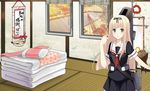  1girl bangs black_serafuku blonde_hair crane dock futon green_eyes hair_bow indoors kantai_collection long_hair looking_at_viewer machinery pillow port serafuku smile smokestack solo tagme tatami the_yuudachi-like_creature translation_request wall_scroll window yuudachi_(kantai_collection) 