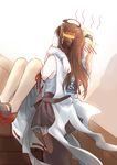  2girls ahoge arms_behind_head blonde_hair blush brown_hair carrying commentary detached_sleeves double_bun dress english hairband hand_on_own_face headgear highres kantai_collection kongou_(kantai_collection) long_hair multiple_girls nontraditional_miko pin.s princess_carry ribbon_trim stairs thighhighs warspite_(kantai_collection) white_legwear 