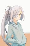  asashimo_(kantai_collection) blush brown_eyes grin hair_over_one_eye hands_in_pockets hood hoodie kantai_collection long_hair looking_at_viewer ponytail smile solo teeth yamaioni_(sasakama) 