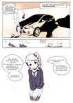  1boy 1girl bald car comic diathorn english ground_vehicle hands_in_pockets highres left-to-right_manga looking_up motor_vehicle necktie open_mouth original pigeon-toed pov side_ponytail skirt thighhighs typo zettai_ryouiki 