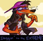  2016 anthro backwards_cap baseball_cap black_ears brown_hair canine cloud dog english_text eyewear facial_hair fur goatee hair hat leather_vest mammal mountain orange_fur poochie purple_hat signature simple_background solo sunglasses teeth text the_simpsons undershirt whiskers zenirix 