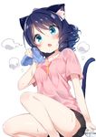 animal_ears black_hair blue_eyes blush bottle cat_ears chestnut_mouth curly_hair cyan_(show_by_rock!!) drill_hair fang heavy_breathing open_mouth ringlets shirt short_hair shorts show_by_rock!! sitting solo sweat tail tousaki_shiina towel water_bottle wet 