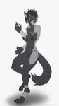  5_fingers abs anthro areola aurancreations black_hair black_nose canine clothed clothing coyote digitigrade female fur grey_fur hair mammal navel nipples piercing red_eyes simple_background solo standing topless white_background wide_hips 