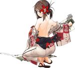  amagi_(kantai_collection) back back_turned bare_back brown_eyes brown_hair feet from_behind full_body hair_ornament japanese_clothes kantai_collection kimono kuuro_kuro leaf leaf_hair_ornament long_hair looking_back maple_leaf mole mole_under_eye official_art on_ground ponytail sandals soles solo torn_clothes transparent_background 