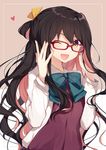  adjusting_eyewear bespectacled black_hair bow bowtie commentary_request eyebrows eyebrows_visible_through_hair eyes_visible_through_hair fang glasses hair_between_eyes hiiragi_souren kantai_collection long_hair long_sleeves multicolored_hair naganami_(kantai_collection) one_eye_closed open_mouth pink_hair solo yellow_eyes 