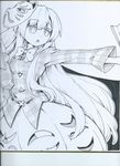  bangs bow breasts fan fox_mask futa_(nabezoko) greyscale hata_no_kokoro highres holding holding_fan long_hair mask mask_on_head medium_breasts monochrome open_mouth outstretched_arm photo plaid plaid_shirt shikishi shirt sidelocks skirt solo touhou traditional_media very_long_hair 