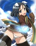  animal_ears ass_visible_through_thighs bandaid bandaid_on_cheek bandaid_on_face black_hair blue_eyes blush brave_witches cloud cloudy_sky commentary_request day dog_ears dog_tail flying gloves highres jacket kanno_naoe leather leather_jacket long_sleeves looking_at_viewer magic military military_uniform navel no_pants open_mouth panties round_teeth scarf short_hair sky solo striker_unit tail teeth thighs tokiani underwear uniform white_panties world_witches_series 