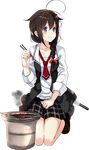  ahoge blue_eyes braid brown_hair chopsticks fish full_body grill grilling hair_flaps hair_over_shoulder jacket kantai_collection kneeling kujou_ichiso necktie official_art plaid plaid_skirt remodel_(kantai_collection) saury shichirin shigure_(kantai_collection) shirt single_braid skirt smile smoke solo transparent_background turret 