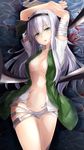  alternate_hair_length alternate_hairstyle arms_up bad_id bad_pixiv_id bandages black_hairband blood breasts center_opening cleavage collarbone cuts elusya from_side green_eyes groin hair_ribbon hairband highres injury katana konpaku_youmu long_hair looking_at_viewer lying medium_breasts no_pants on_back open_clothes open_shirt parted_lips ribbon shirt short_sleeves silver_hair solo sword thighs torn_clothes touhou weapon 