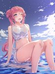  a-line arm_support blue_eyes breasts eyebrows eyebrows_visible_through_hair highres long_hair medium_breasts midriff navel one_eye_closed open_mouth original pink_hair shiny shiny_skin shirt shorts sitting solo tied_shirt wet wet_clothes wet_shirt white_shirt white_shorts 