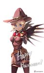  alternate_costume bad_id bad_pixiv_id belt blonde_hair blue_eyes capelet dress earrings elbow_gloves eto_(nistavilo2) gloves halloween halloween_costume hat highres jewelry looking_at_viewer mechanical_wings mercy_(overwatch) overwatch pelvic_curtain short_hair smile solo thighhighs wings witch witch_hat witch_mercy 