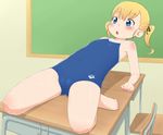 1girl :o barefoot blonde_hair child classroom copyright_request desk eyebrows eyebrows_visible_through_hair feet flat_chest full_body gluteal_fold hair_ornament hair_ribbon one-piece_swimsuit open_mouth ribbon school_desk shiny shiny_hair shiny_skin solo swimsuit tomboo twintails 