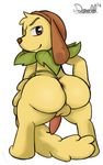  anthro anus balls butt canine cute david_riolu_(artist) dog dogtail_(plants_vs_zombies) flora_fauna looking_at_viewer looking_back male mammal penis plant plants_vs_zombies rear_view simple_background solo yellow_body yellow_tail 
