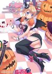  2016 artist_name ayase_eli bat_wings belt black_footwear black_legwear black_skirt blonde_hair boots box breasts cake character_name checkered checkered_floor cleavage crescent crop_top cross-laced_clothes dated detached_collar detached_sleeves food frills garter_straps ghost gift gift_box halloween happy_birthday hasumi_eran hat heart-shaped_box high_heel_boots high_heels jack-o'-lantern large_breasts looking_at_viewer love_live! love_live!_school_idol_project lying miniskirt neck_ribbon on_floor on_side ponytail puffy_short_sleeves puffy_sleeves ribbon scrunchie short_sleeves skirt smile solo thighhighs typo wings witch_hat wrist_cuffs 