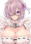  absurdres black-framed_eyewear black_neckwear black_ribbon blush breasts cleavage closed_mouth commentary_request cosplay detached_sleeves fate/grand_order fate_(series) frills frown glasses hair_behind_eyewear hair_over_one_eye hair_ribbon highres large_breasts lavender_hair look-alike maid maid_headdress mash_kyrielight neck_ribbon purple_eyes purple_ribbon re:zero_kara_hajimeru_isekai_seikatsu rem_(re:zero) rem_(re:zero)_(cosplay) ribbon sankakusui semi-rimless_eyewear short_hair solo under-rim_eyewear upper_body white_background 