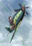  above_clouds aircraft airplane artist_name aviator_girls blue_hair boots brown_eyes flying from_above gloves goggles goggles_on_headwear helmet highres imperial_japanese_navy j2m_raiden japan long_hair ocean original propeller sailor_collar school_uniform serafuku solo tokihama_jirou world_war_ii 