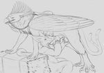  2016 all_fours anthro anthro_on_feral avian ball ball_fondling balls beak bestiality black_and_white blush canine claws digital_drawing_(artwork) digital_media_(artwork) dragon drawolf duo erection feathered_wings feathers fellatio female female_on_feral feral fondling fur garron_crendrel grey_background gryphon half-closed_eyes harness hay hay_bale hybrid knot licking looking_back looking_pleasured male male/female mammal monochrome nude open_mouth oral pawpads penis_lick ridged_penis sex side_view simple_background sitting sketch slightly_chubby straps talons tongue tongue_out wings wolf yaroul yaroul_(character) 