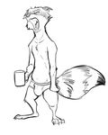  anthro barefoot black_and_white briefs bulge clothed clothing coffee_mug eyes_closed front_view full-length_portrait guardians_of_the_galaxy line_art male mammal marvel monochrome open_mouth portrait raccoon rocket_raccoon skunkjunkie solo topless underwear yawn 