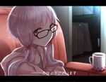  ayakura_juu cup glasses looking_at_viewer purple_eyes purple_hair room short_hair_with_long_locks sitting smile solo vocaloid voiceroid yuzuki_yukari yuzuki_yukari_(vocaloid4) 