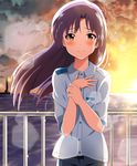  bad_id bad_pixiv_id blue_hair blush brown_eyes garana hand_on_own_chest idolmaster idolmaster_(classic) kisaragi_chihaya lens_flare lighthouse long_hair looking_at_viewer railing shirt sky smile solo sparkle sunlight sunset twilight water wind 