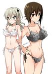  black_bra black_panties blue_eyes blush bra breasts brown_eyes brown_hair cameltoe girls_und_panzer groin jpeg_artifacts large_breasts lingerie midriff multiple_girls navel nishizumi_maho panties saikawa_yusa shimada_arisu small_breasts underwear white_hair 