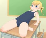  1girl :o barefoot blonde_hair child classroom copyright_request desk eyebrows eyebrows_visible_through_hair feet flat_chest full_body gluteal_fold hair_ornament hair_ribbon one-piece_swimsuit open_mouth ribbon school_desk shiny shiny_hair shiny_skin solo swimsuit tomboo twintails 